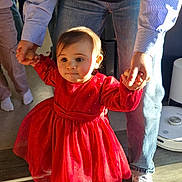 Elyana participe au concours pour gagner de l'argent avec cette photo : adult_hands, child, cute, family, floor, happy, helping, holding_hands, human, indoor, jeans, learning_to_walk, person, portrait, red_dress, sneakers, sunlight, toddler, walking, young_child