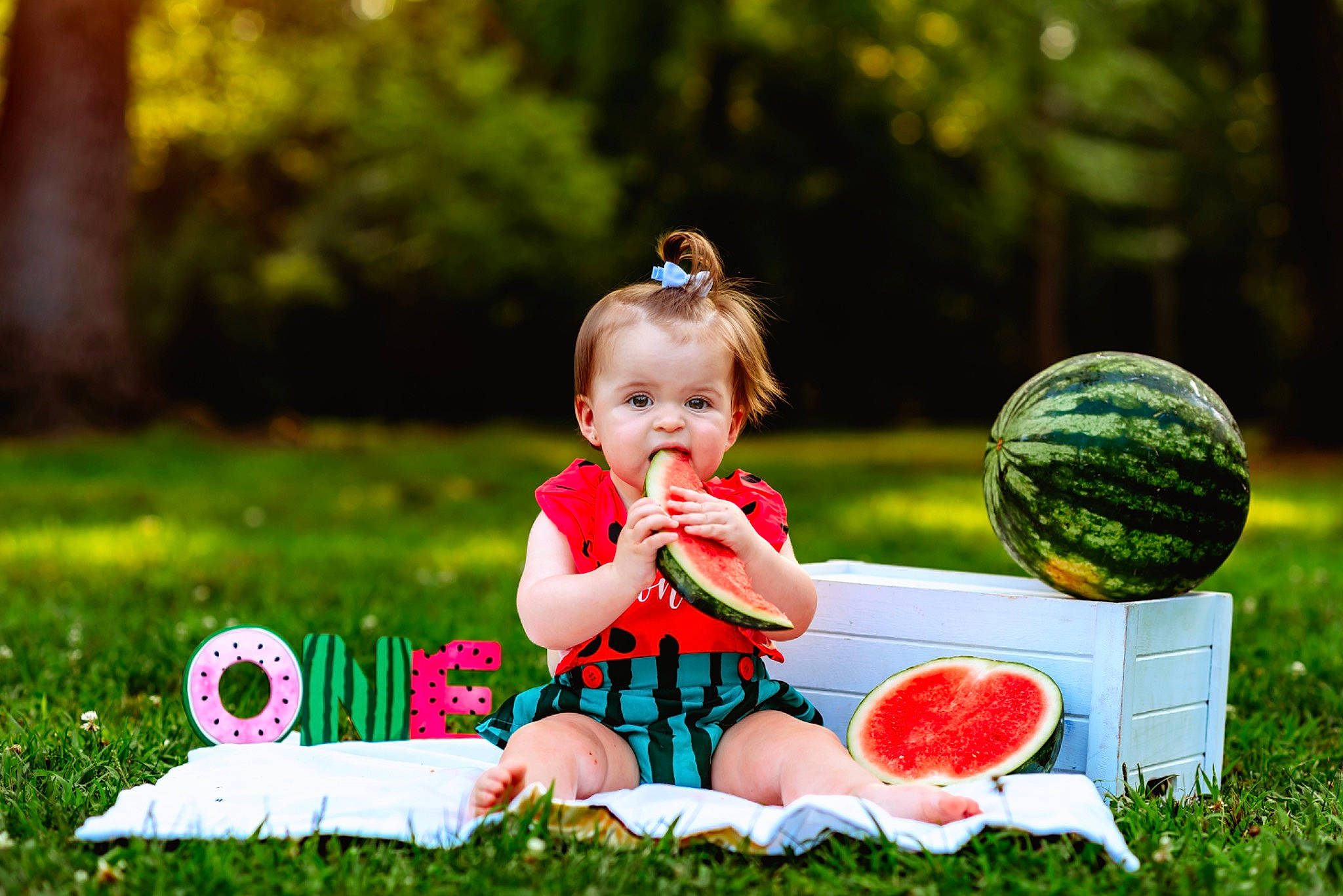 Georgia is registered to the contest to win money with this photo: baby_toddler_clothing, citrullus, dress, fruit, fun, grass, grass_family, green, happy, leaf, leisure, melon, natural_foods, nature, people_in_nature, person, plant, summer, sunglasses, toddler