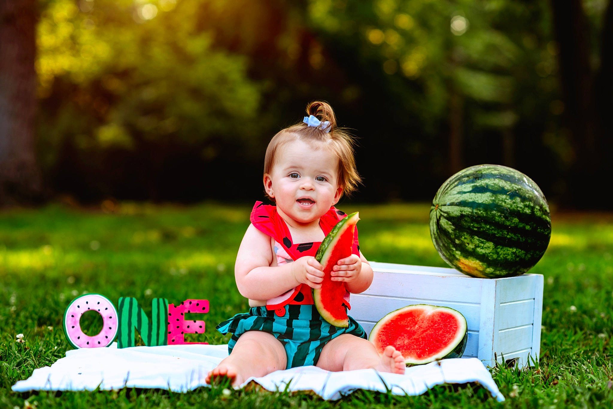 Georgia is registered to the contest to win money with this photo: baby_toddler_clothing, citrullus, dress, flash_photography, fruit, grass, green, happy, leaf, leisure, melon, natural_foods, nature, people, people_in_nature, person, photograph, plant, smile, summer