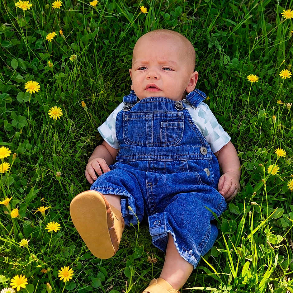 Astonn joined the competition — help win amazing prizes! baby, infant, child, outdoor, meadow, flowers, yellow_flowers, grass, nature, portrait, lying_down, denim_overalls, blue_clothing, shoes, sunlight, greenery, daisy, garden, face, photography