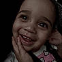 Malani is registered to the contest to win money with this photo: child, smiling, face, hand, close_up, portrait, happy, young, cute, dark_background, clothing, pink, cartoon, person, skin, eyelashes, expression, joy, casual, indoor