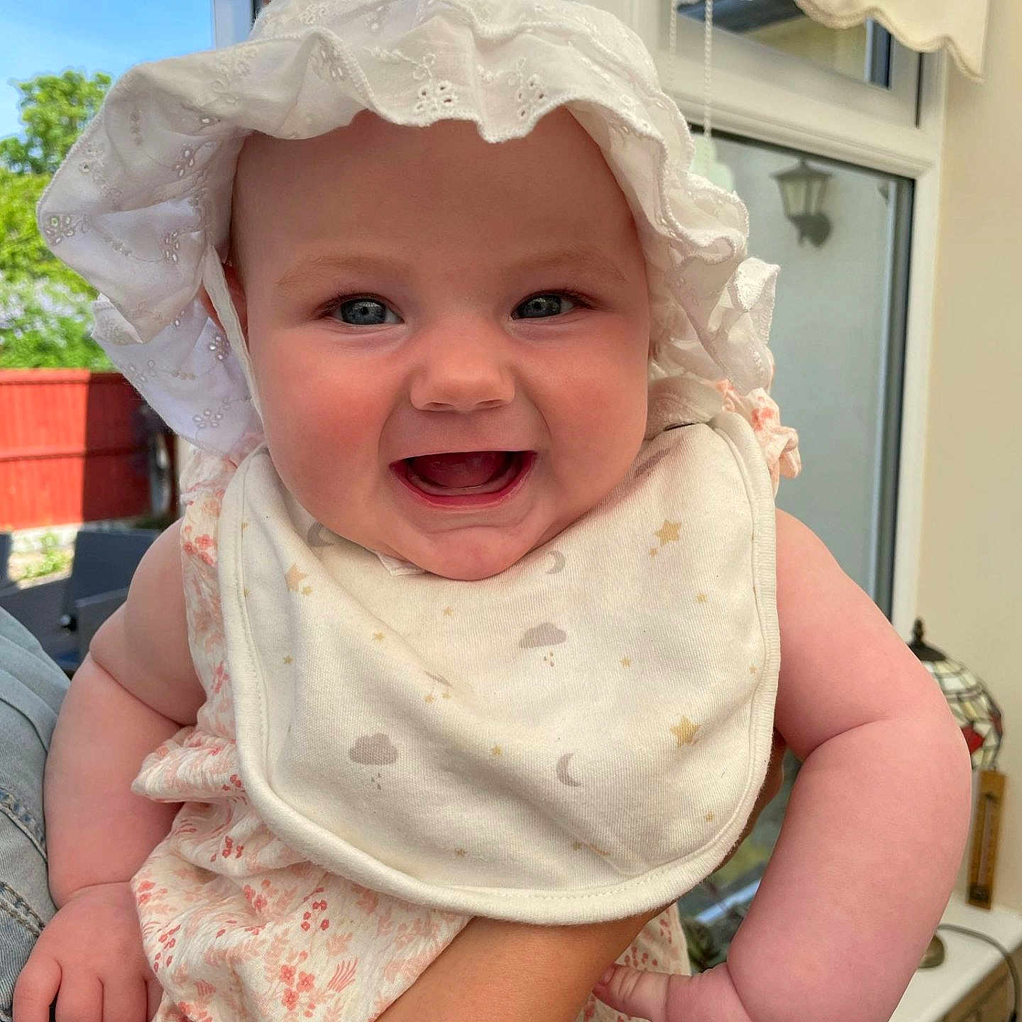 Esmae joined the competition — help win amazing prizes! accessories, baby, babylaughing, bonnet, cap, clothing, dress, face, happy, hat, head, hood, jewelry, laughing, necklace, person, photography, plant, portrait, pottedplant