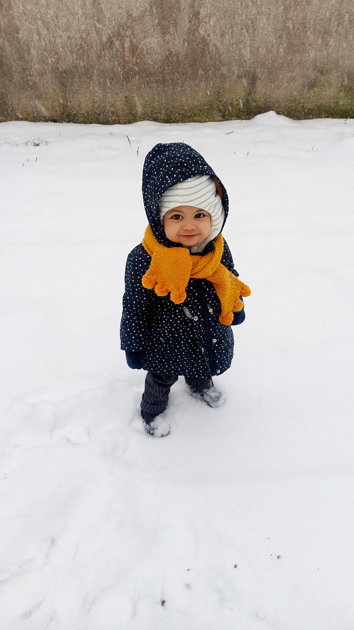 Layana participe au concours pour gagner de l'argent avec cette photo : beanie, bonnet, cap, cheek, child, freezing, fun, headgear, headwear, knit_cap, outerwear, person, play, playing_in_the_snow, recreation, smile, snow, toddler, winter, yellow
