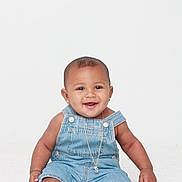 Skylo is registered to the contest to win money with this photo: baby, child, smiling, denim_overalls, jewelry, necklace, barefoot, sitting, studio, white_background, portrait, cute, happy, infant, fashion, casual, young_child, isolated, one_person, front_view