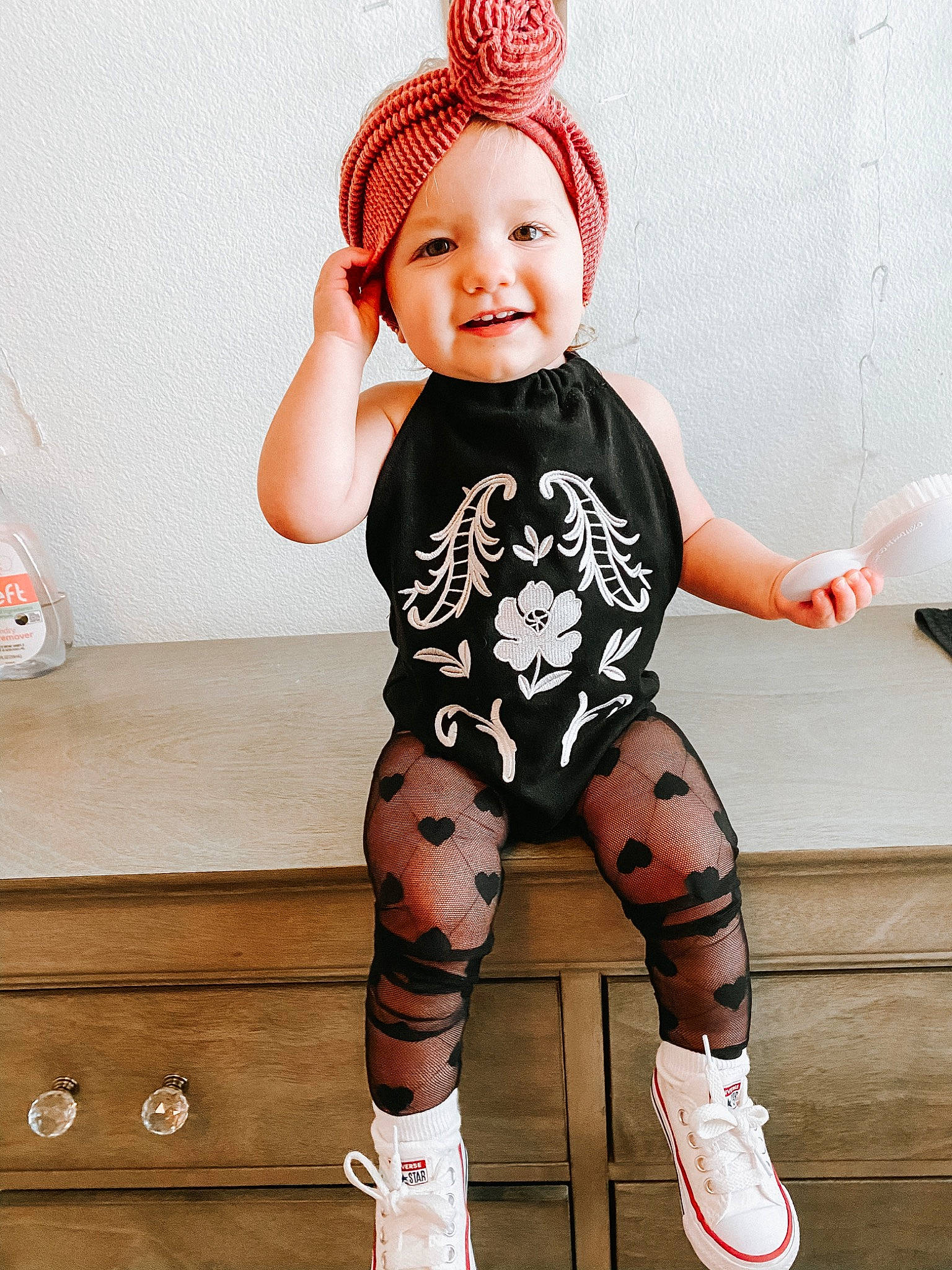 Kinlee is registered to the contest to win money with this photo: baby, baby_bloomers, baby_toddler_clothing, beanie, child, child_model, clothing, design, footwear, headgear, headwear, knee, leg, leggings, pattern, person, pink, product, skin, sleeve