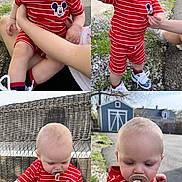 Messiah joined the competition — help win amazing prizes! baby, blue_shed, child, cute, flower, grass, gravel, mickey_mouse, outdoor, pacifier, person, red_clothing, shoes, sitting, smiling, standing, striped_outfit, white_fence, wicker_chair, yellow_flower