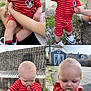baby, blue_shed, child, cute, flower, grass, gravel, mickey_mouse, outdoor, pacifier, person, red_clothing, shoes, sitting, smiling, standing, striped_outfit, white_fence, wicker_chair, yellow_flower