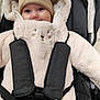 baby, infant, stroller, hooded_coat, beanie, furry, harness, buckle, smile, blue_eyes, cheeks, cozy, plush, soft, winter_outfit, seat, blanket, portrait, closeup, cute