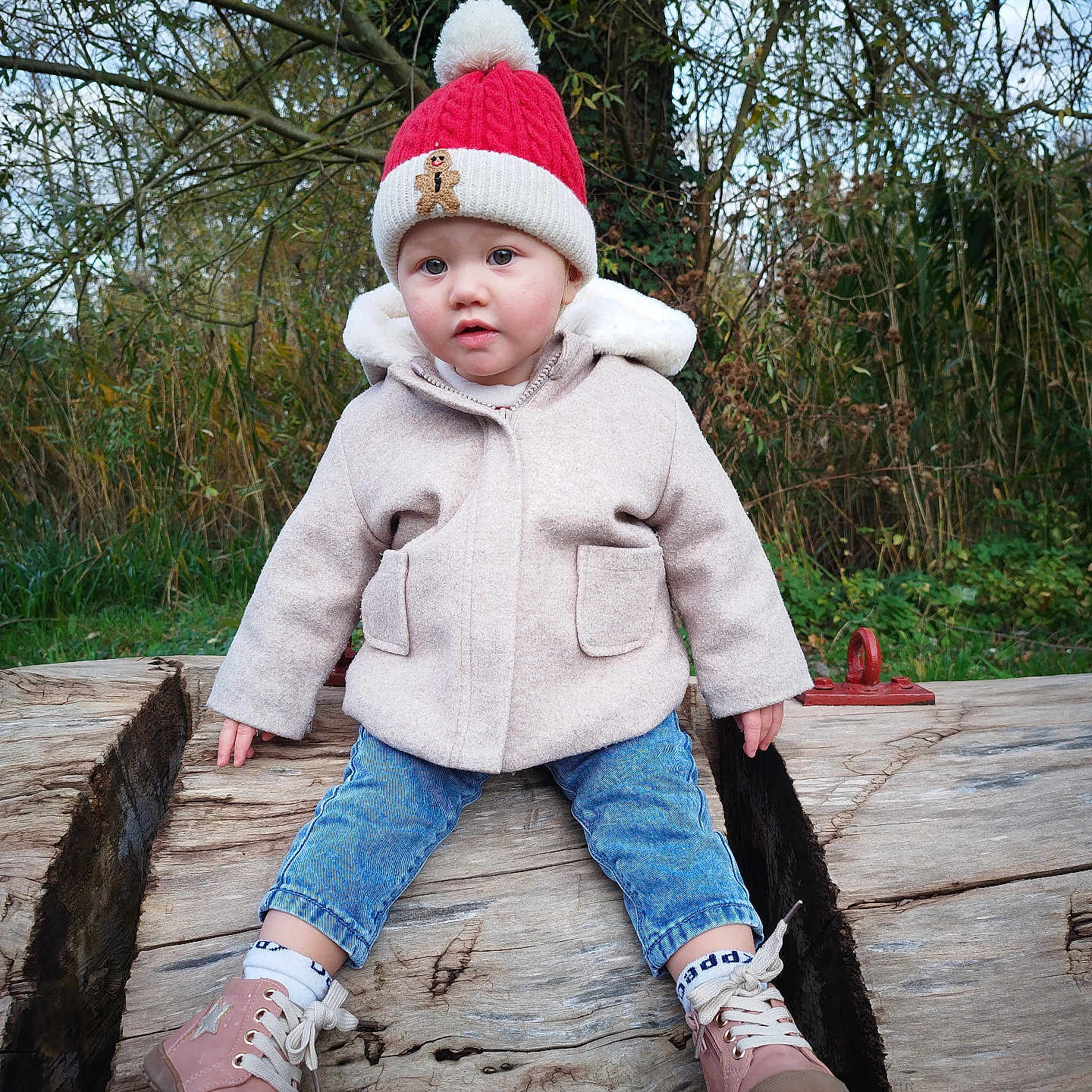 Elyana participe au concours pour gagner de l'argent avec cette photo : boots, child, coat, cold_weather, curious, cute, face, forest, grass, hat, jeans, log, nature, outdoor, person, pom_pom_hat, sitting, toddler, tree, winter_clothing