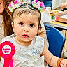birthday, bow, bracelet, celebration, chair, child, cute, dress, eyes, face, festive, food, girl, hair_accessories, indoor, party, people, ribbon, seated, table