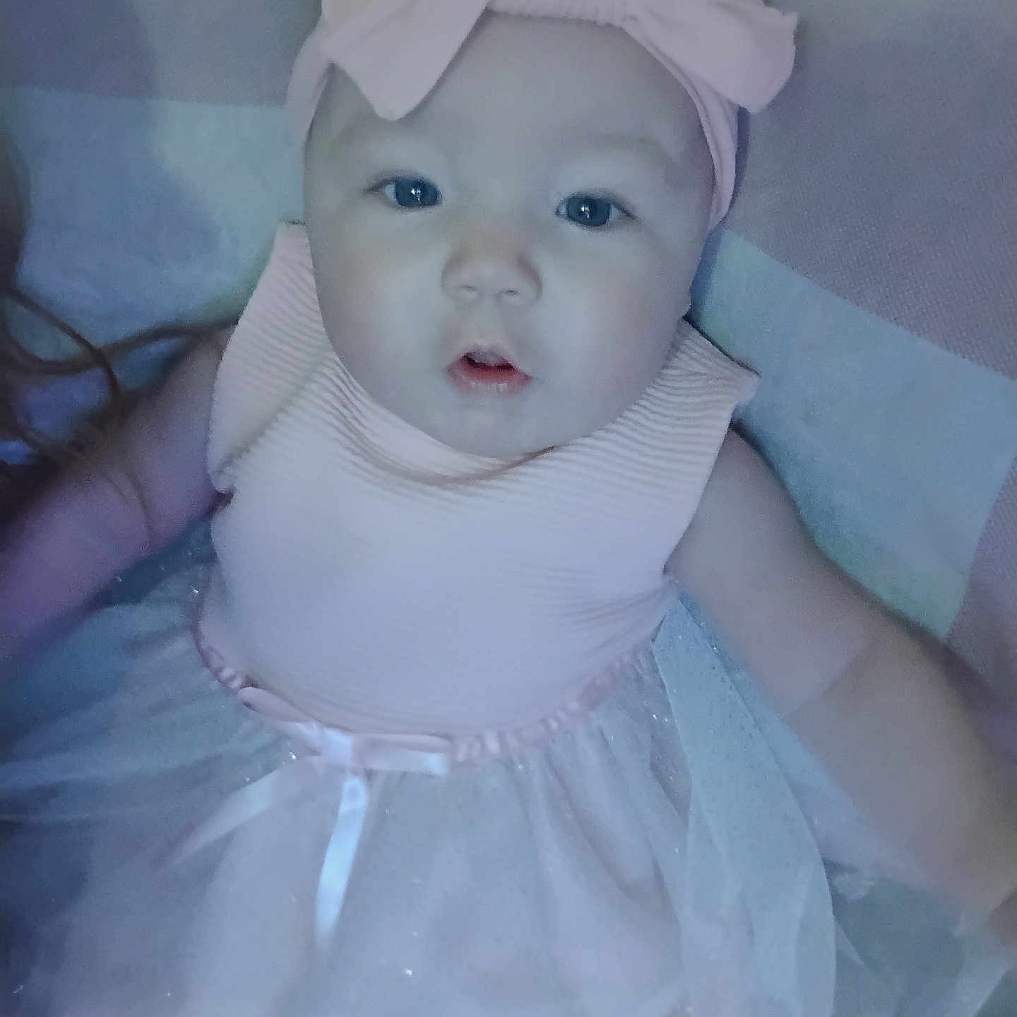 Emberlee joined the competition — help win amazing prizes! baby, child, infant, dress, pink, headband, bow, face, eyes, arm, blanket, fabric, cute, portrait, soft, indoor, person, toddler, clothing, smile