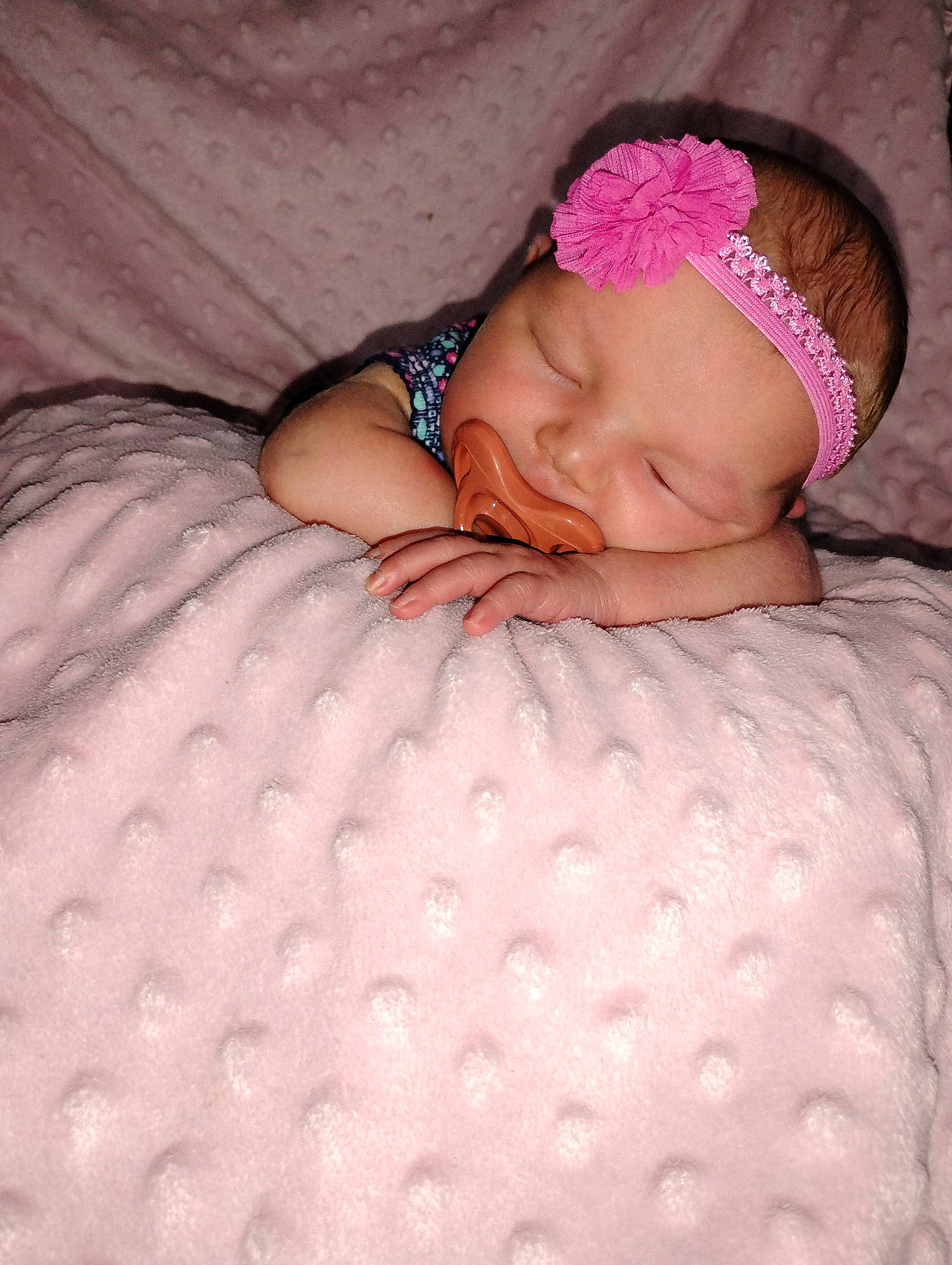 baby, blanket, child, closeup, comfort, cozy, cute, face, hands, headband, indoors, infant, newborn, pacifier, peaceful, pink, portrait, resting, sleeping, soft_texture