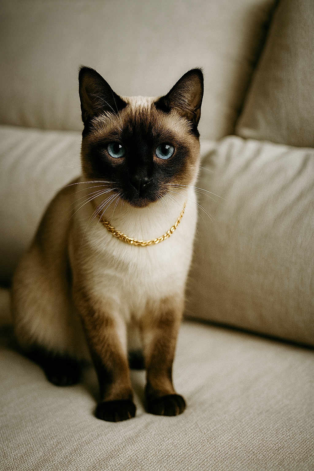 Sultan a rejoint le concours — aidez-le/la à gagner de superbes lots ! cat, siamese_cat, blue_eyes, gold_chain, pet, feline, indoor, couch, beige, fur, whiskers, portrait, animal, sitting, cute, domestic_animal, closeup, looking_at_camera, house_pet, cozy