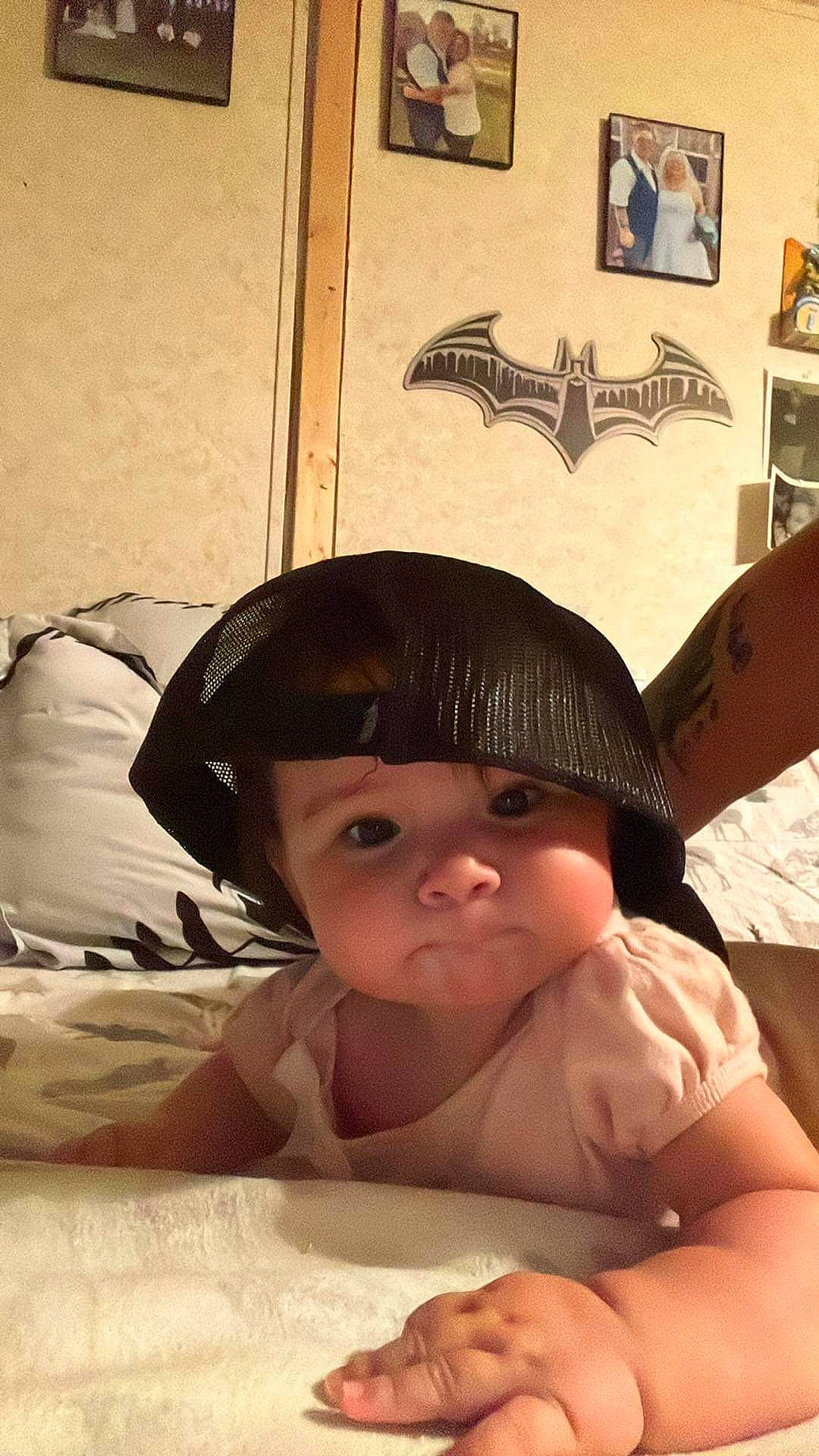 Adilyn joined the competition — help win amazing prizes! baby, baby_toddler_clothing, cheek, child, comfort, eye, eyebrow, fun, happy, headgear, headwear, linens, mouth, nose, person, picture_frame, product, shelf, skin, thumb