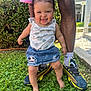 toddler, child, baby, grass, smiling, outdoor, denim_skirt, white_top, pigtails, barefoot, adult_legs, shoes, socks, greenery, sunlight, backyard, happy, cute, person, nature