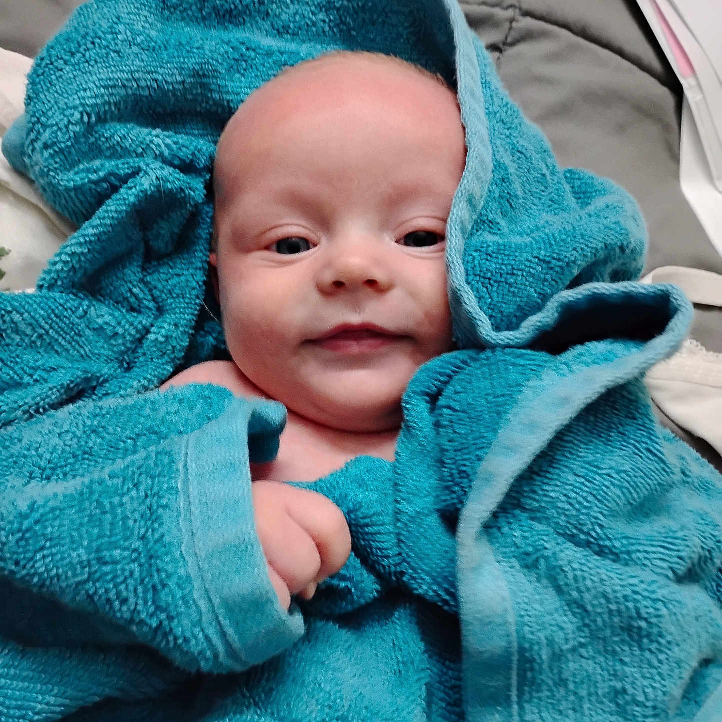 Kinnon joined the competition — help win amazing prizes! baby, blanket, blue, child, comfort, cozy, cute, expression, face, hand, indoors, infant, lying_down, newborn, portrait, skin, smile, soft, towel, wrapped