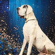 Novak participe au concours pour gagner de l'argent avec cette photo : animal, artistic, black_spots, blue_background, calm, canine, chain_collar, dog, great_dane, indoor, large_dog, noble, patterned_background, pet, portrait, side_view, sitting, still_life, studio_photo, white_dog