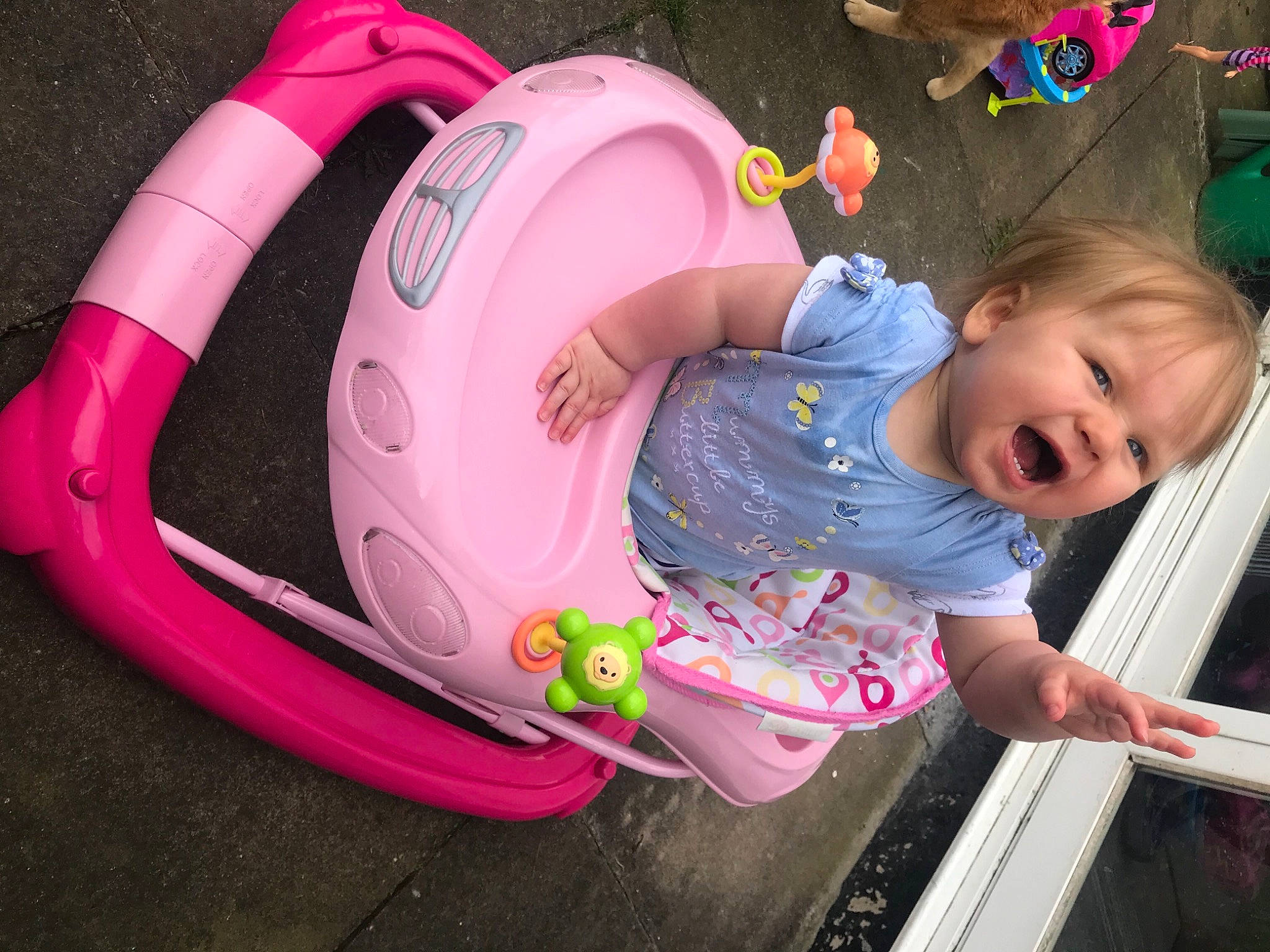 Josie joined the competition — help win amazing prizes! automotive_tire, baby, baby_playing_with_toys, baby_products, baby_toddler_clothing, child, fun, happy, leisure, magenta, organ, person, pink, play, product, recreation, red, smile, synthetic_rubber, toddler