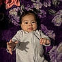 baby, infant, pigtails, purple_blanket, floral_pattern, onesie, cute, child, smiling, curious, hands, lying_down, indoors, portrait, young_child, soft_lighting, playful, expression, fabric, cozy