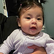 Melani is registered to the contest to win money with this photo: baby, child, person, indoor, cute, smiling, pigtails, sweater, hand, face, portrait, warm, skin, hair, earrings, cozy, holding, infant, expression, young