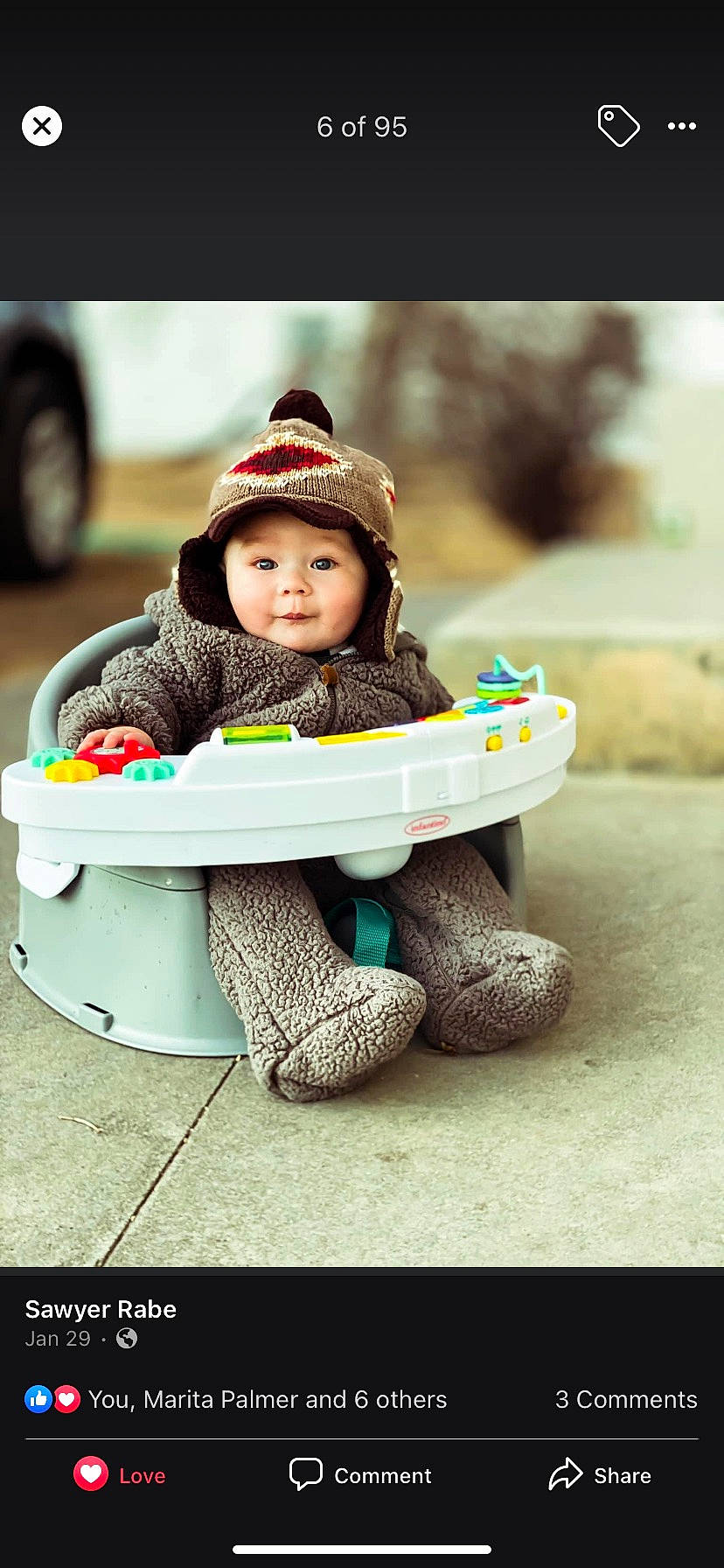Harvey joined the competition — help win amazing prizes! baby, bench, cap, dress, grass, happy, headwear, jacket, jeans, leisure, morning, people_in_nature, person, plant, recreation, shoe, skin, sneakers, tire, toddler