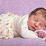 newborn, baby, sleeping, infant, soft, blanket, purple, cozy, cute, peaceful, teddy_bear_print, clothing, portrait, resting, child, small, delicate, face, skin, hand
