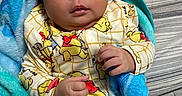 Deasia is registered to the contest to win money with this photo: baby, bed, bedspread, blanket, blue, child, clothing, curious, face, hand, indoors, infant, pajamas, person, plush, portrait, sleepwear, striped, toddler, winnie_the_pooh