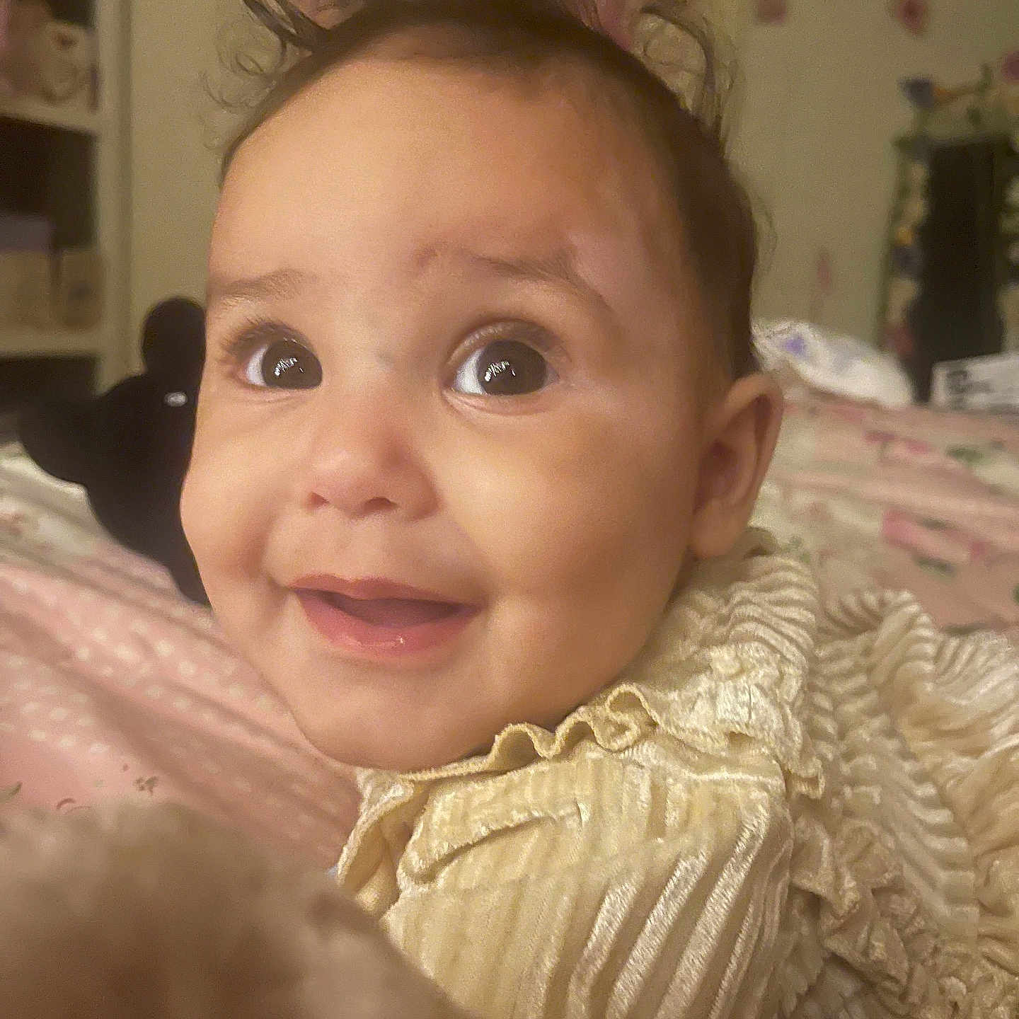 Irissa joined the competition — help win amazing prizes! baby, babylaughing, bodypart, clothing, crawling, dress, ear, face, finger, hand, happy, head, laughing, mouth, newborn, person, photography, portrait, smile, teeth