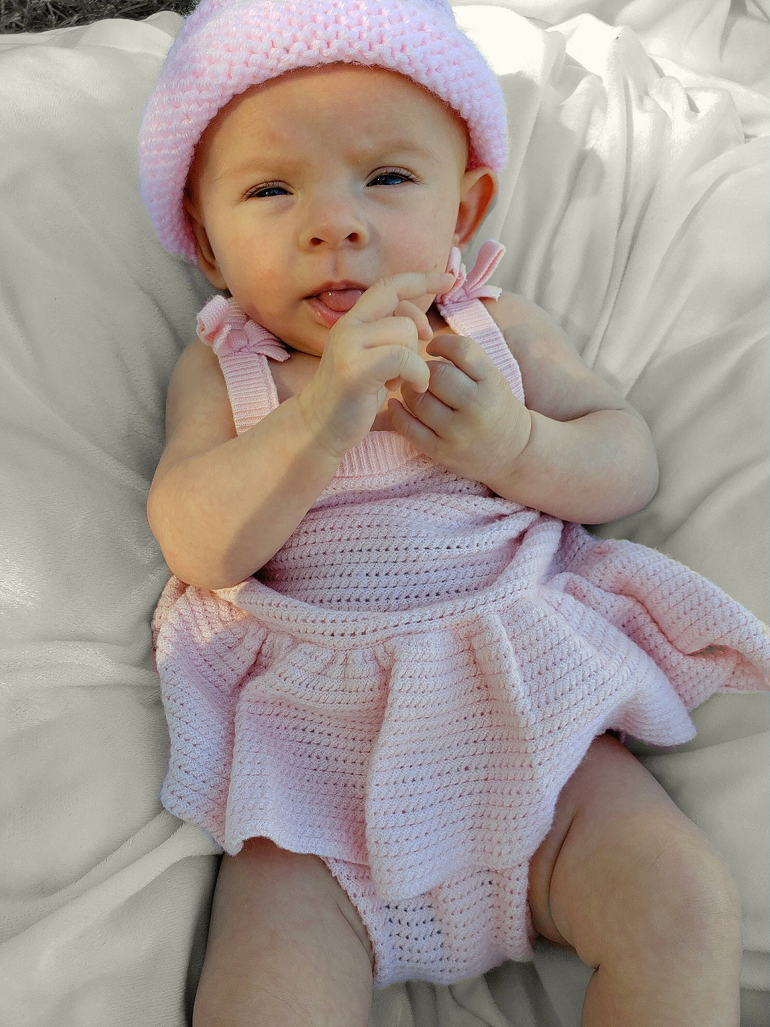 Serenity joined the competition — help win amazing prizes! baby, baby_toddler_clothing, cap, cheek, child, comfort, dress, finger, happy, headwear, human_leg, knee, lip, outerwear, person, pink, skin, sleeve, sock, textile