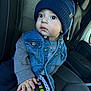 Kayden is registered to the contest to win money with this photo: toddler, child, blue_hat, denim_vest, car_seat, remote_control, curious, wide_eyes, clothing, indoor, seat, hand, face, person, cute, portrait, baby, knit_hat, casual, cozy