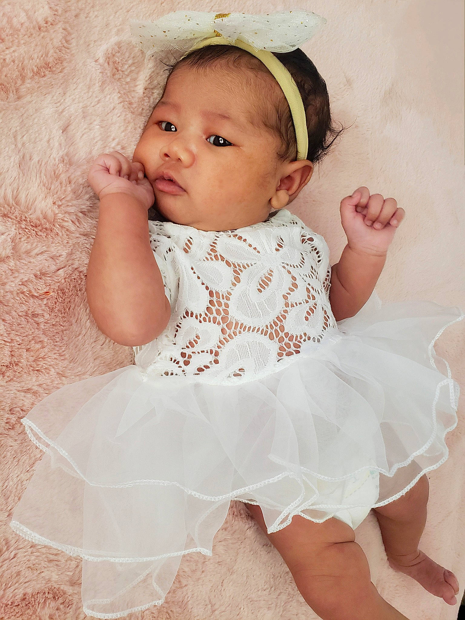 Everly is registered to the contest to win money with this photo: baby, baby_toddler_clothing, beauty, child, collar, day_dress, dress, embellishment, face, fashion_accessory, flash_photography, happy, headband, headgear, headpiece, pattern, person, pink, skin, sleeve