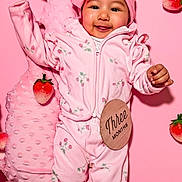 Zayla joined the competition — help win amazing prizes! baby, infant, pink, outfit, headband, bow, strawberry, blanket, sign, three_months, smiling, child, cute, lying_down, soft_texture, happy, portrait, studio, colorful, adorable
