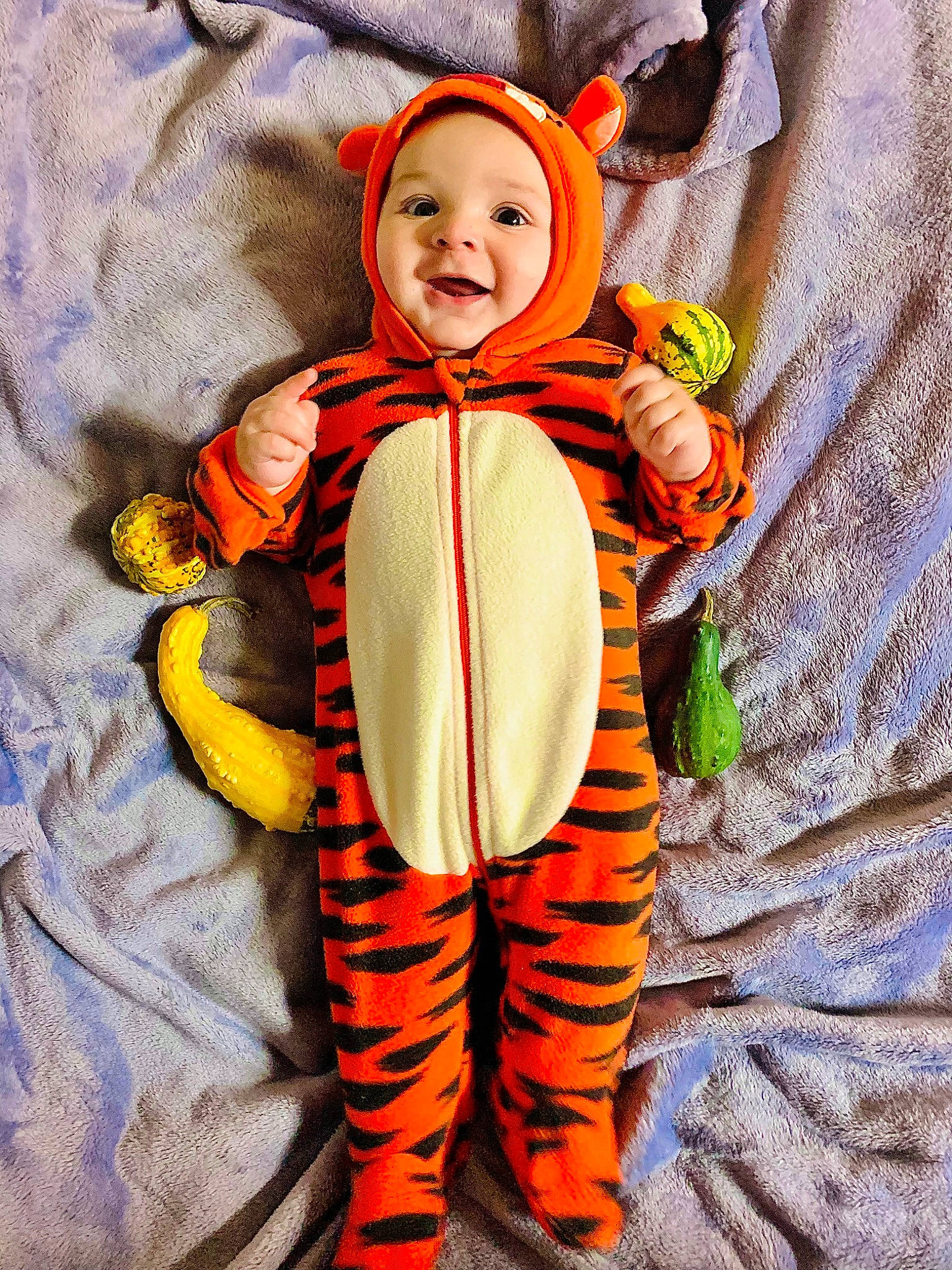 Troy is registered to the contest to win money with this photo: baby, baby_toddler_clothing, child, clothing, eye, face, facial_expression, happy, head, headgear, headwear, leaf, orange, outerwear, pattern, people_in_nature, person, personal_protective_equipment, sleeve, smile