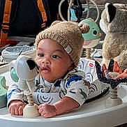 Link is registered to the contest to win money with this photo: activity_center, baby, child, childhood, colorful, cozy, crawling, curious, cute, expression, face, hands, indoors, infant, knit_hat, panda_toy, playtime, plush_toy, stuffed_animal, toy