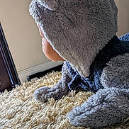 Link is registered to the contest to win money with this photo: baby, child, costume, plush, carpet, indoor, window, door, floor, curious, soft, warm, crawling, toddler, side_view, animal_costume, cozy, home, infant, cute