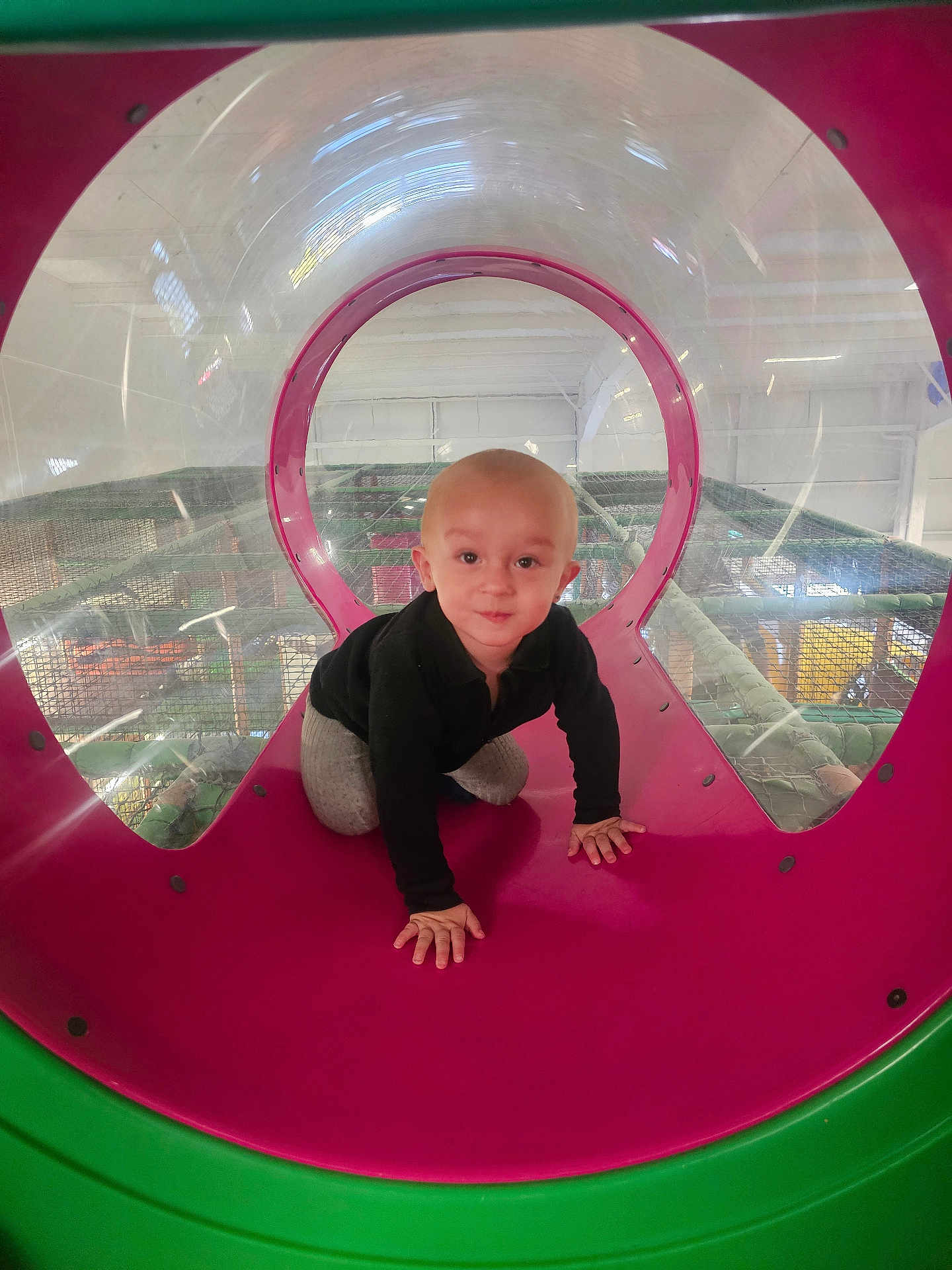 Olivier is registered to the contest to win money with this photo: toddler, child, playground, play_tunnel, crawling, indoor_play_area, pink, green, smiling, curious, plastic, circular, netting, fun, adventure, young_child, clothing, black_shirt, gray_pants, hands