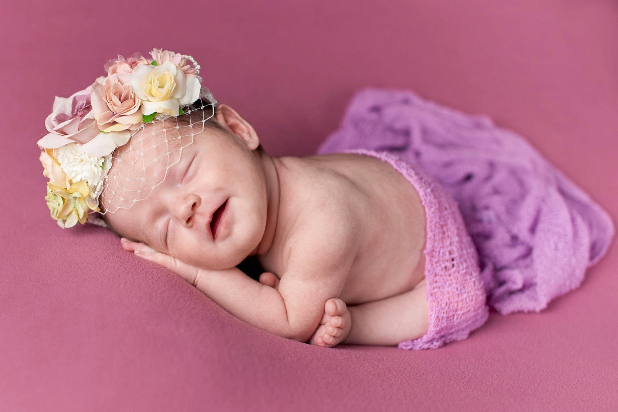Elise joined the competition — help win amazing prizes! arm, baby, baby_sleeping, baby_toddler_clothing, child, comfort, finger, flash_photography, flower, hand, happy, headband, headgear, headpiece, jewellery, person, pink, rose, skin, textile