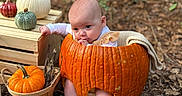 Penelope Jane joined the competition — help win amazing prizes! baby, child, infant, pumpkin, pumpkin_costume, autumn, fall, forest, woodland, outdoor, nature, leaves, harvest, basket, wooden_crate, blanket, portrait, sitting, blue_eyes, seasonal_decoration