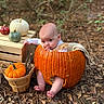 baby, child, infant, pumpkin, pumpkin_costume, autumn, fall, forest, woodland, outdoor, nature, leaves, harvest, basket, wooden_crate, blanket, portrait, sitting, blue_eyes, seasonal_decoration