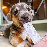 Cooky participe au concours pour gagner de l'argent avec cette photo : puppy, dog, cute, chewing, paper, indoor, floor, closeup, pet, animal, playful, fur, brown, white, eyes, young, domestic, mammal, lying, soft