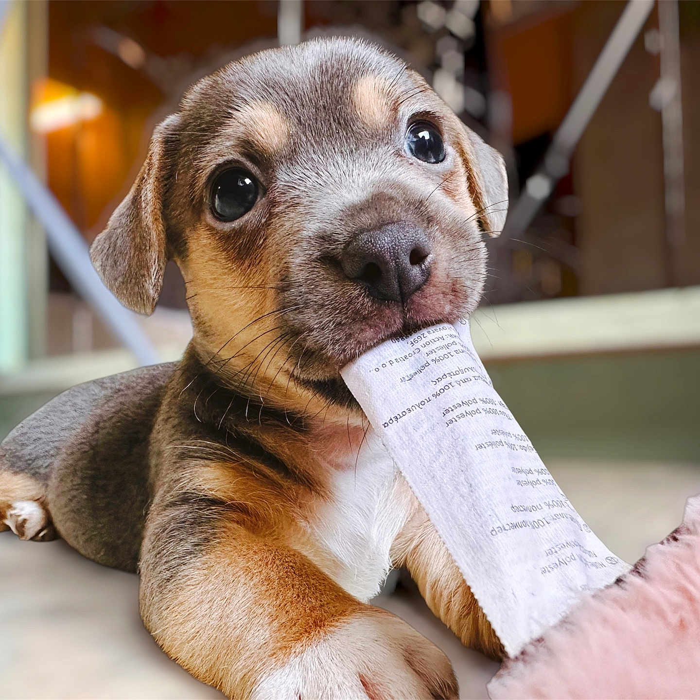 Cooky participe au concours pour gagner de l'argent avec cette photo : puppy, dog, cute, chewing, paper, indoor, floor, closeup, pet, animal, playful, fur, brown, white, eyes, young, domestic, mammal, lying, soft