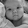baby, black_and_white, blanket, child, close_up, cozy, cute, expression, eyes, face, hand, head, indoor, infant, newborn, person, portrait, skin, soft_texture, warm