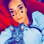 Iris participe au concours pour gagner de l'argent avec cette photo : person, cat, gray_cat, indoor, couch, red_couch, heart_filter, selfie, relaxing, furniture, pet, animal, cozy, casual_clothing, face, eyes, cute, companion, resting, home