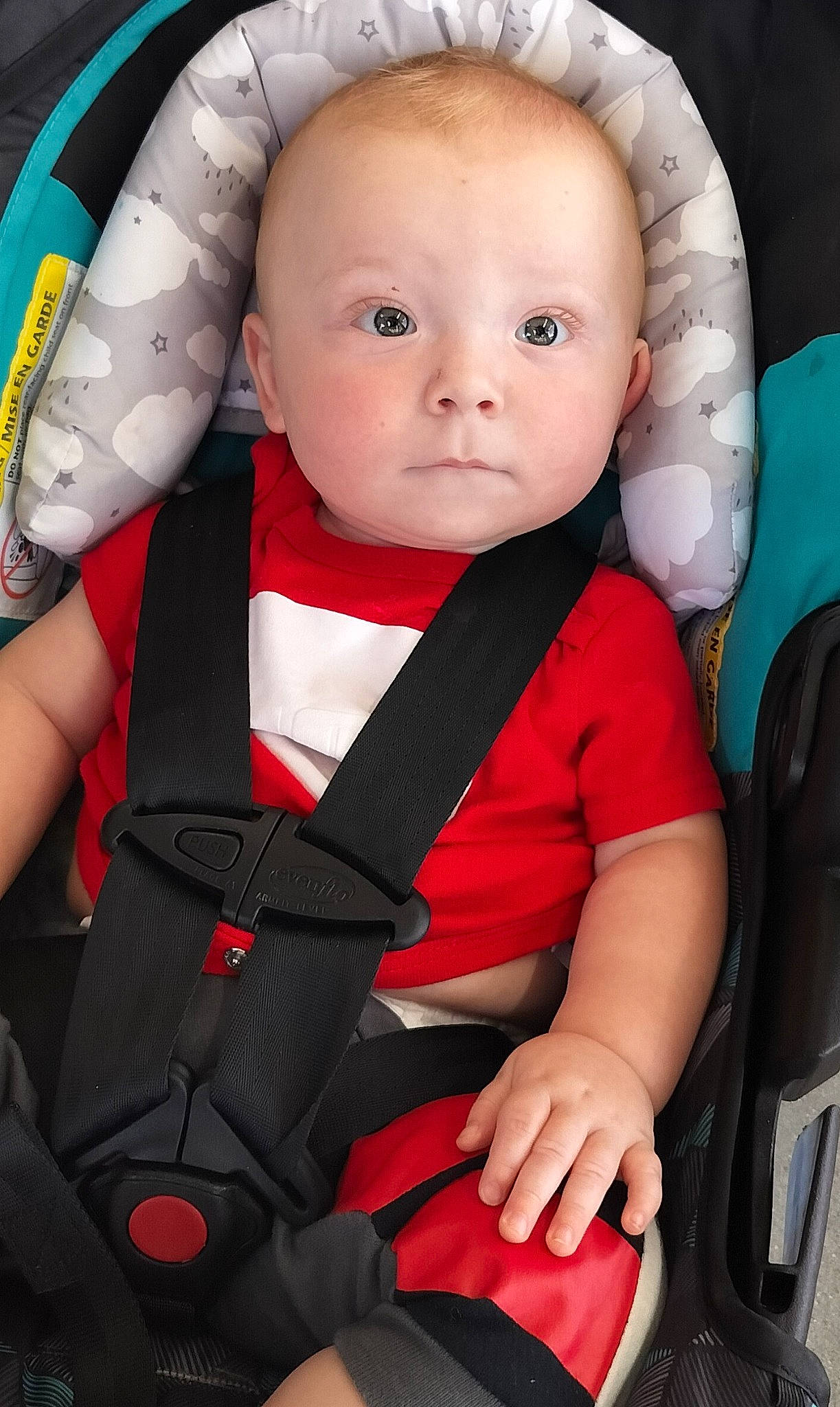Jordan joined the competition — help win amazing prizes! auto_part, baby, baby_carriage, baby_in_car_seat, baby_products, baby_safety, baby_toddler_clothing, car_seat, carmine, cheek, child, comfort, happy, lifejacket, person, personal_protective_equipment, seat_belt, sitting, toddler