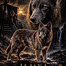 Alaska a rejoint le concours — aidez-le/la à gagner de superbes lots ! dog, dogs, husky, wolfdog, portrait, animal, canine, standing, outdoors, mountains, alaska, forest, waterfall, sunset, river, rocky_terrain, dramatic_lighting, poster, nature, wilderness