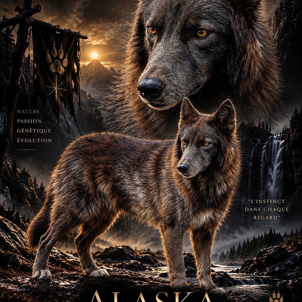 Alaska a rejoint le concours — aidez-le/la à gagner de superbes lots ! dog, dogs, husky, wolfdog, portrait, animal, canine, standing, outdoors, mountains, alaska, forest, waterfall, sunset, river, rocky_terrain, dramatic_lighting, poster, nature, wilderness