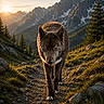 dog, canine, wolf, animal, mountain, mountainscape, snowy_peaks, sunset, sunlight, forest, pine_trees, wilderness, nature, hiking_trail, rocky_path, outdoors, wildlife, walking, portrait, golden_hour