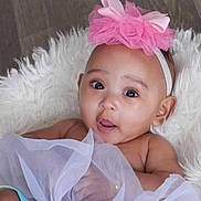 Xalori is registered to the contest to win money with this photo: baby, infant, child, headband, pink_bow, big_eyes, portrait, close_up, fluffy_rug, fur_rug, tulle, dress, bare_shoulders, adorable, cute, studio_photography, looking_up, open_mouth, soft_skin, ear