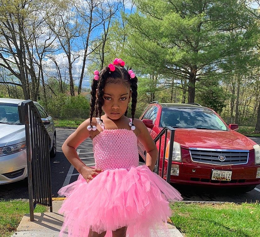 Baylor is registered to the contest to win money with this photo: ballet_tutu, car, compact_sport_utility_vehicle, costume, dress, family_car, luxury_vehicle, party, person, pink, plant, prom, vehicle
