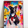 Titus is registered to the contest to win money with this photo: animal, artwork, black_and_white, boston_terrier, colorful, crowns, dog, framed_art, graffiti, hearts, indoor, living_room, painting, paw_prints, pet, portrait, red_harness, street_art, text, wall